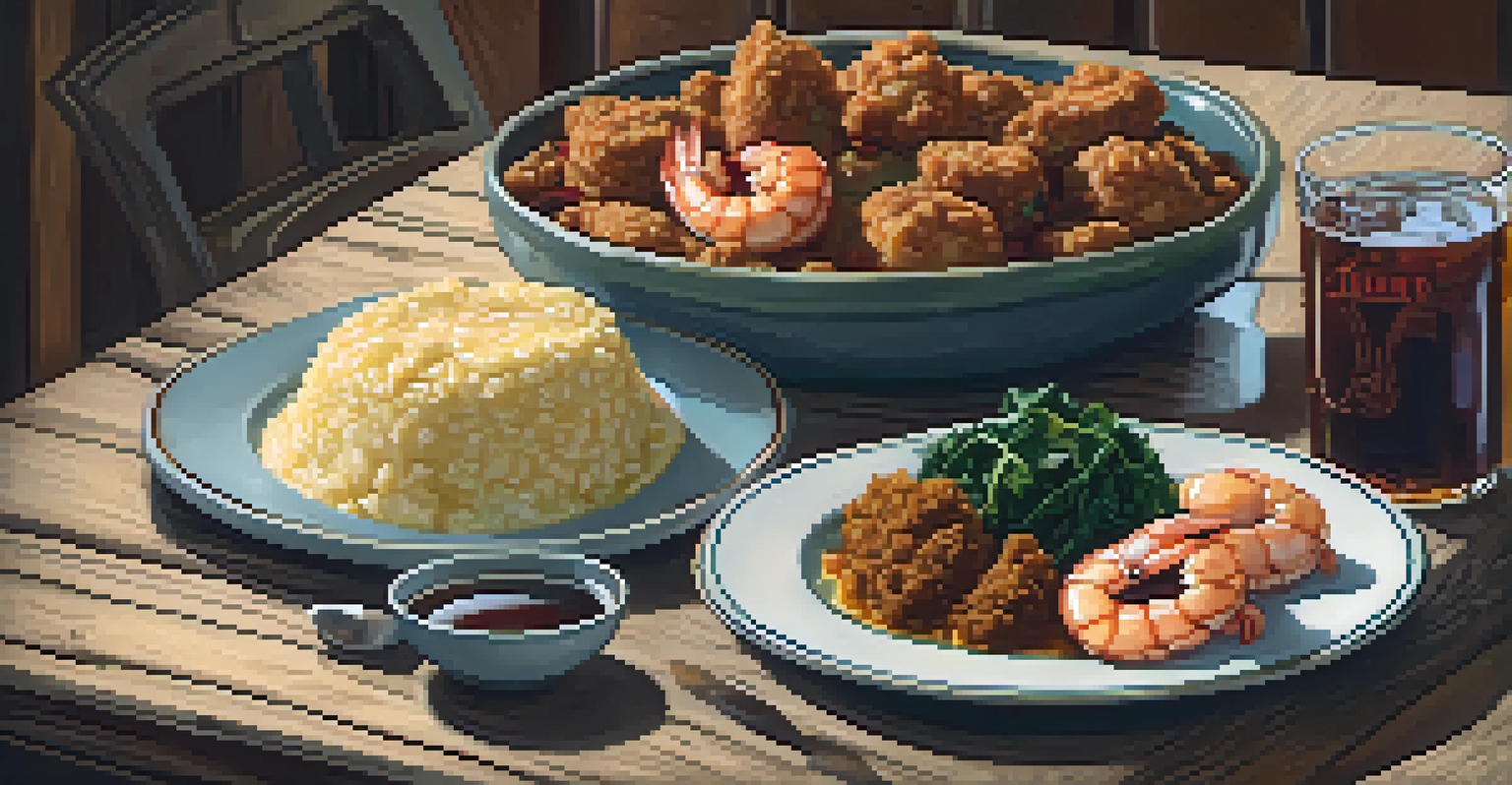A beautiful arrangement of Southern comfort food on a rustic wooden table, including shrimp and grits, collard greens, and fried chicken.