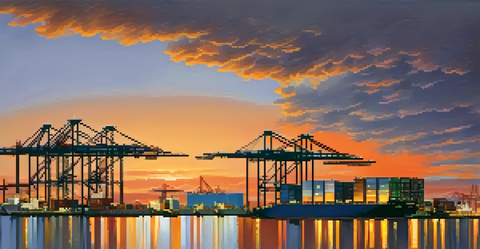 A sunset view of the Port of Jacksonville with cargo ships, cranes, and a skyline.