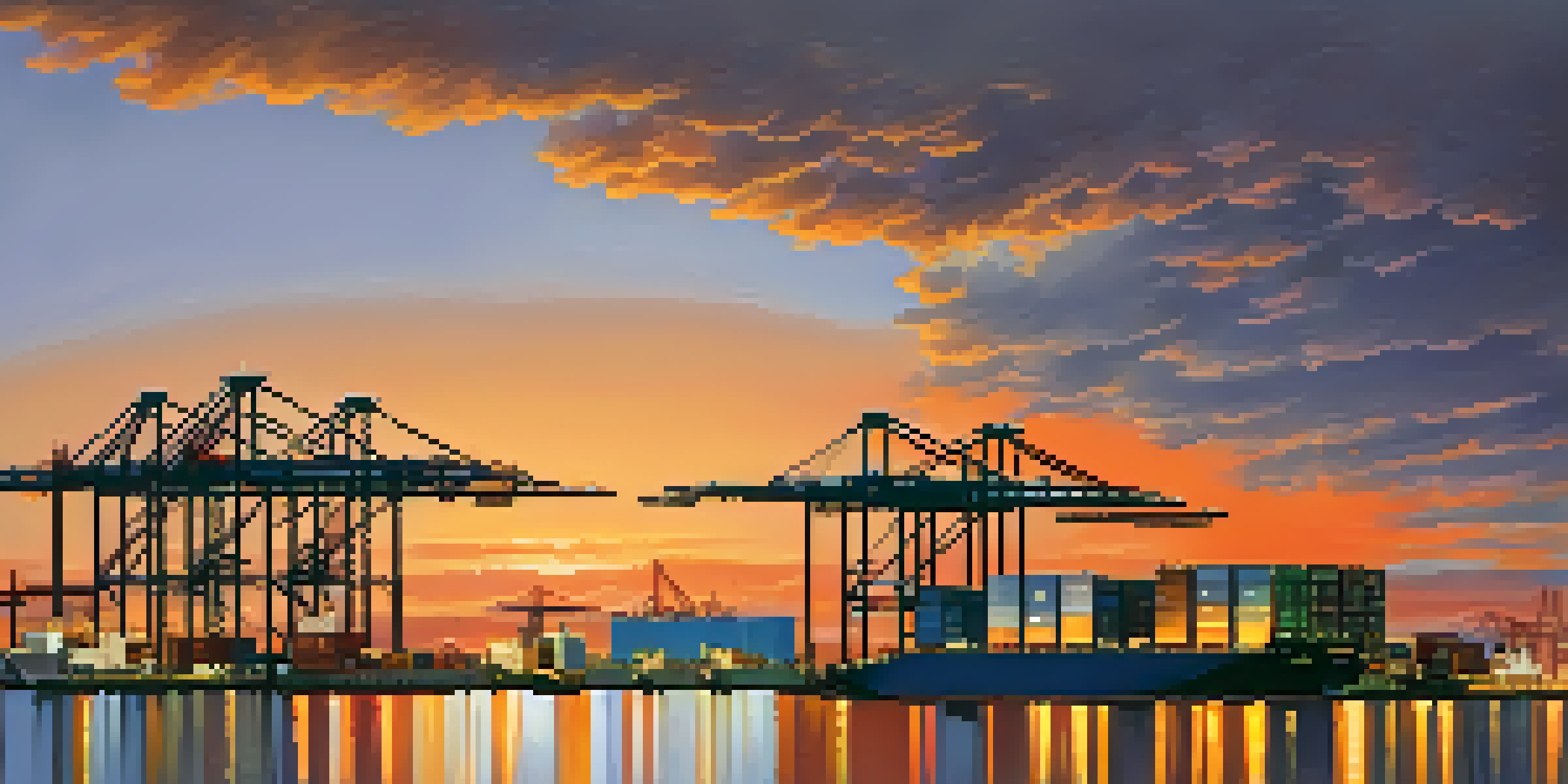 A sunset view of the Port of Jacksonville with cargo ships, cranes, and a skyline.