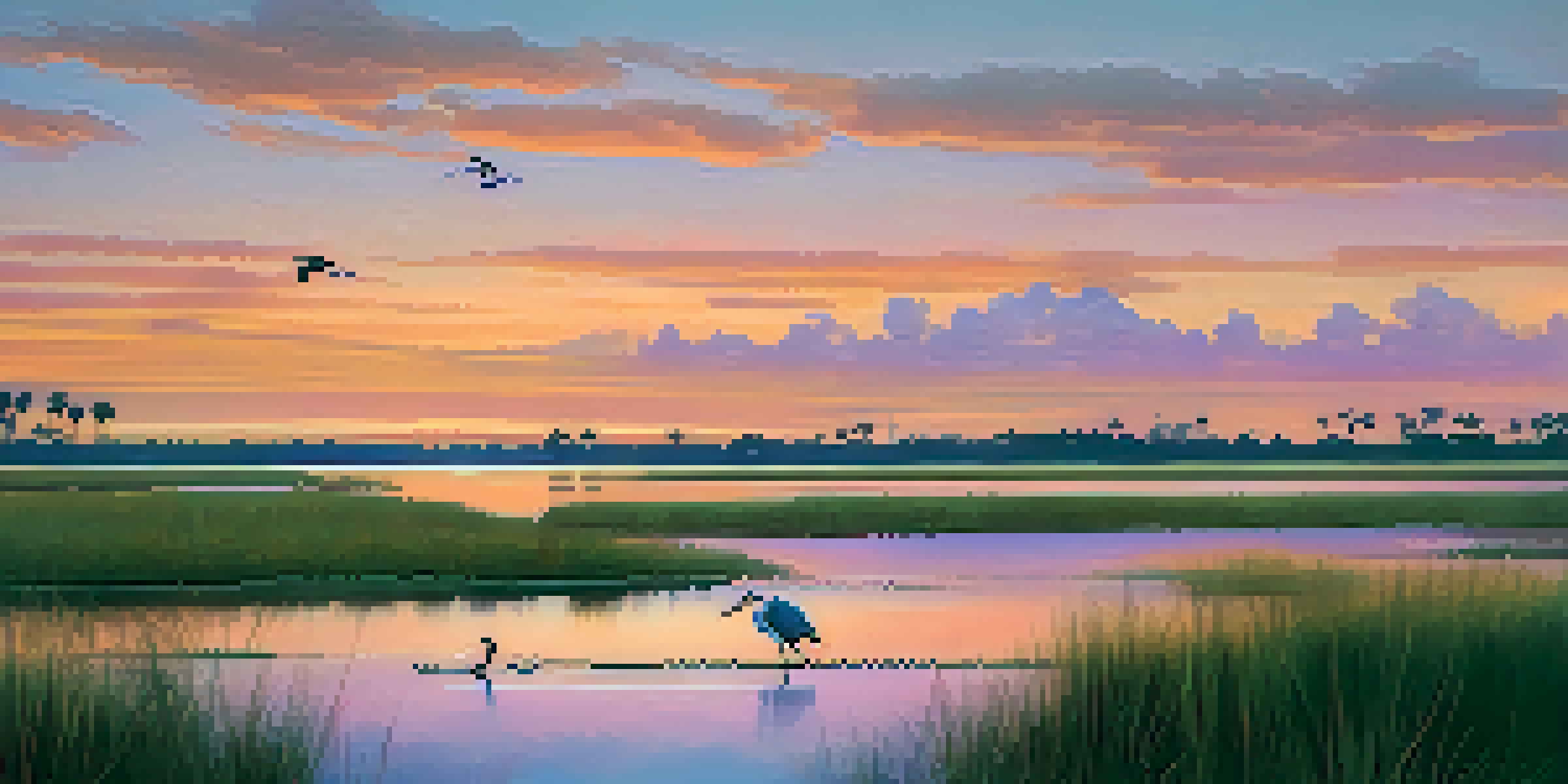 A tranquil coastal scene in Jacksonville during sunset with vibrant sky colors and silhouettes of wildlife.
