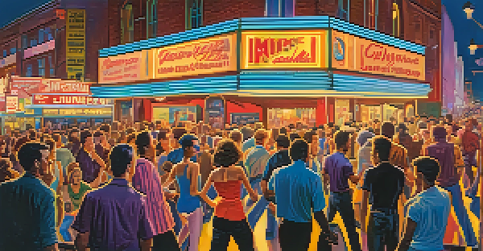 A lively rock concert in Jacksonville during the 1960s, with a diverse crowd enjoying the music and bright neon lights illuminating the stage.