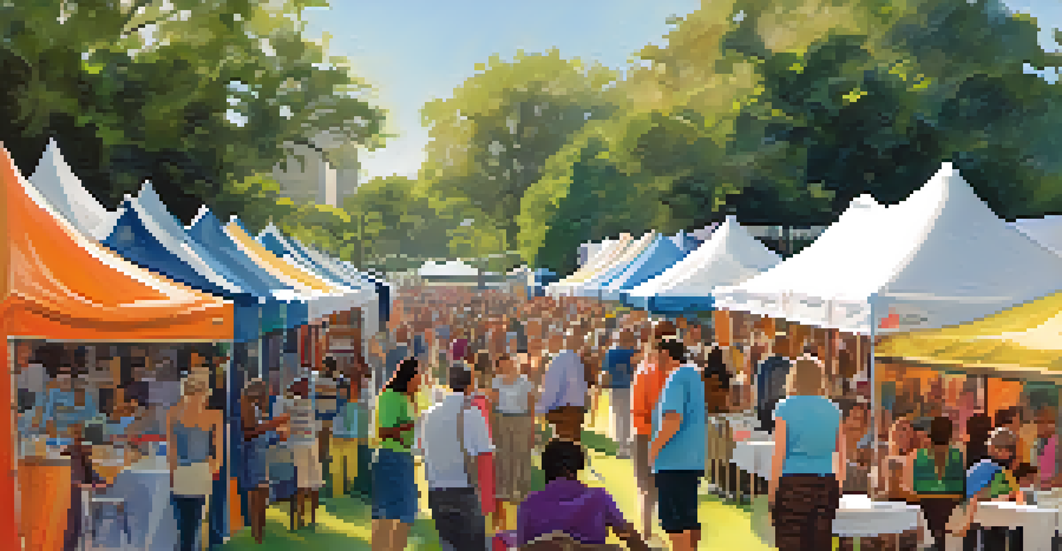 A lively scene from the Jacksonville Literary Festival, featuring diverse authors and attendees under colorful tents, engaging in literary discussions.