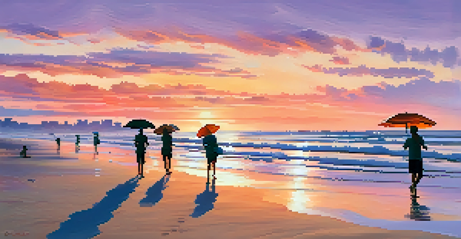 A sunset view at Jacksonville Beach with beach umbrellas and people walking.