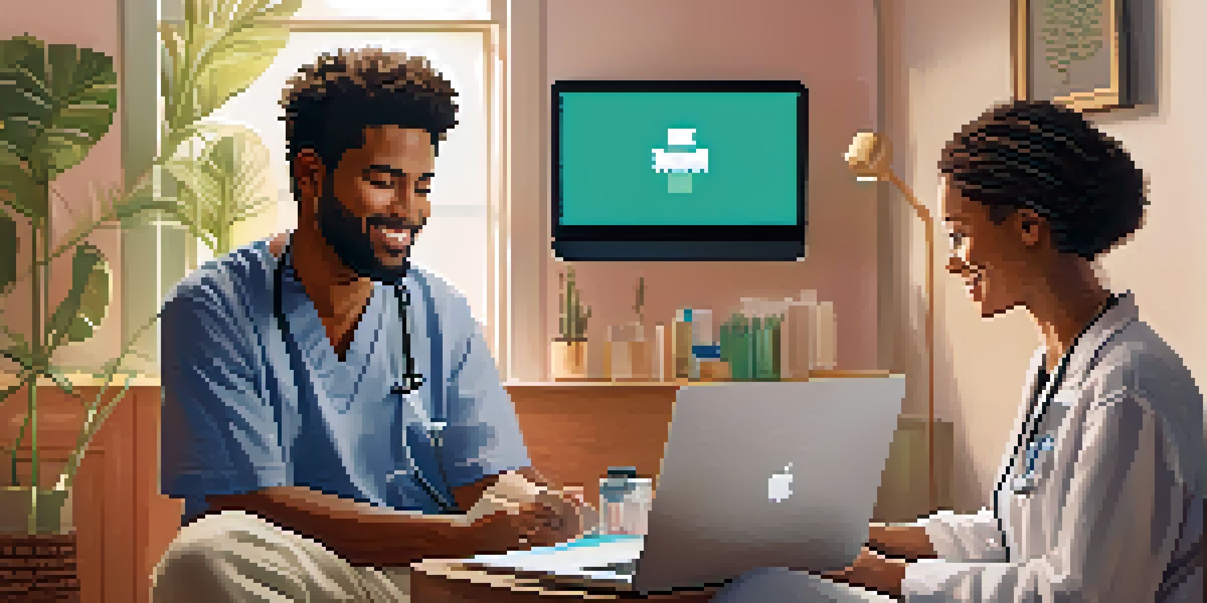 A patient at home participating in a telehealth consultation with a doctor on a laptop, surrounded by a cozy and inviting room with plants and artwork.