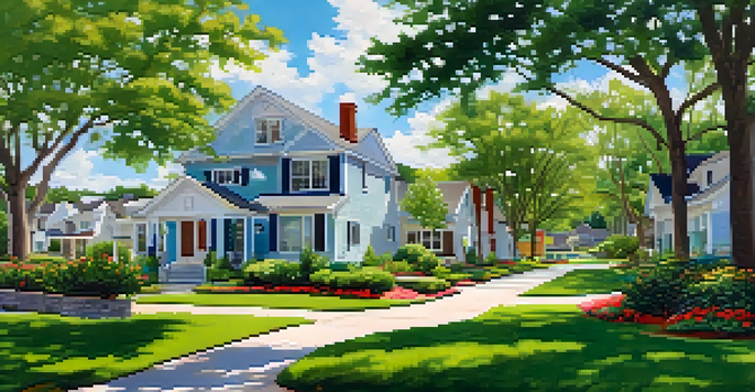 A sunny suburban neighborhood in Jacksonville with spacious homes and children playing outdoors.