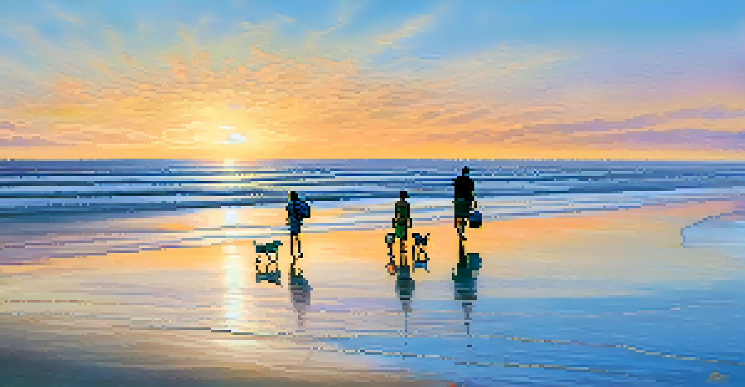 A family walks along the quiet South Ponte Vedra Beach, with parents relaxing and children shelling in the sand during sunset.