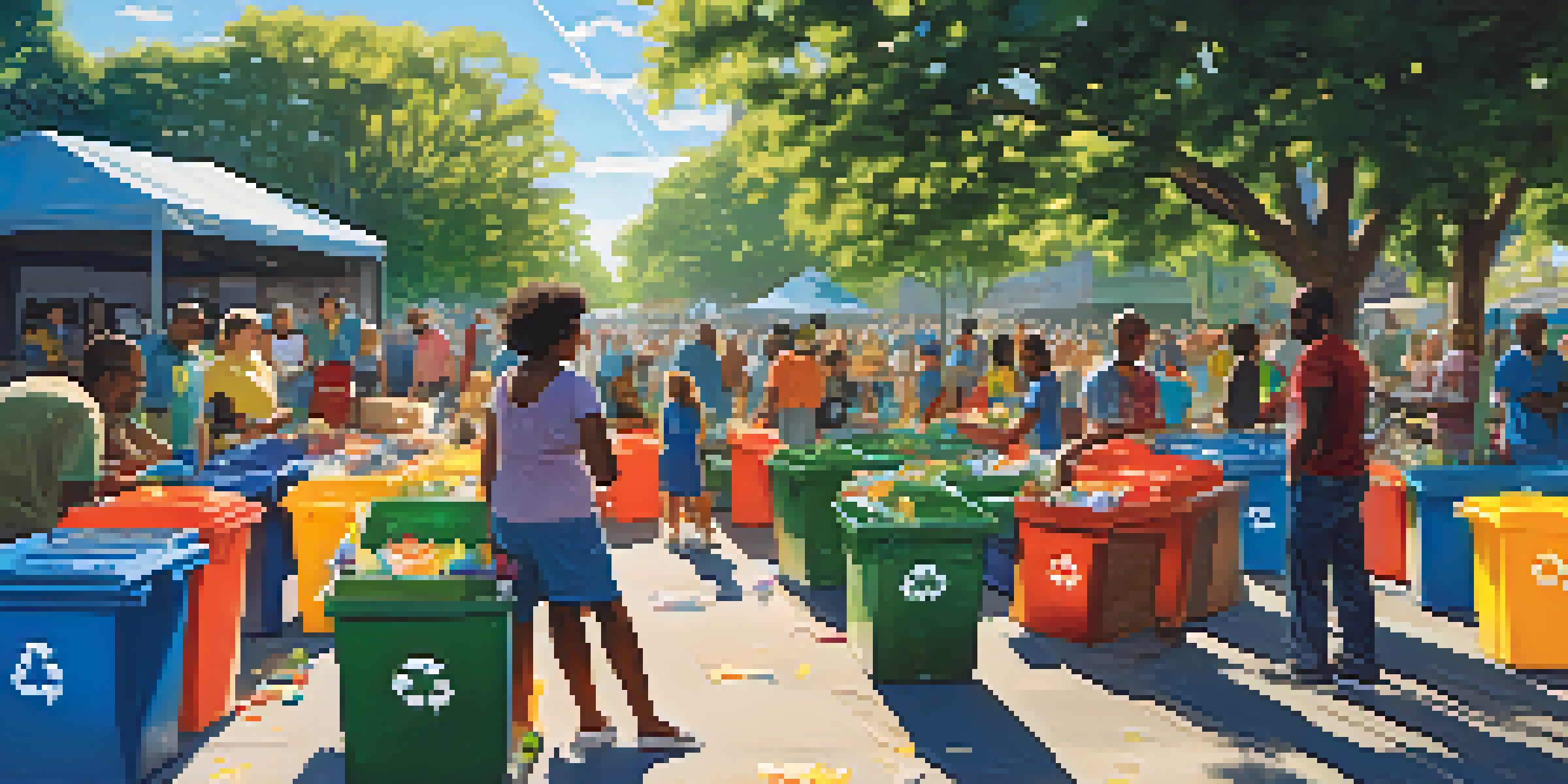 A community recycling event in Jacksonville, featuring diverse residents sorting recyclables with colorful bins in a sunny outdoor setting.