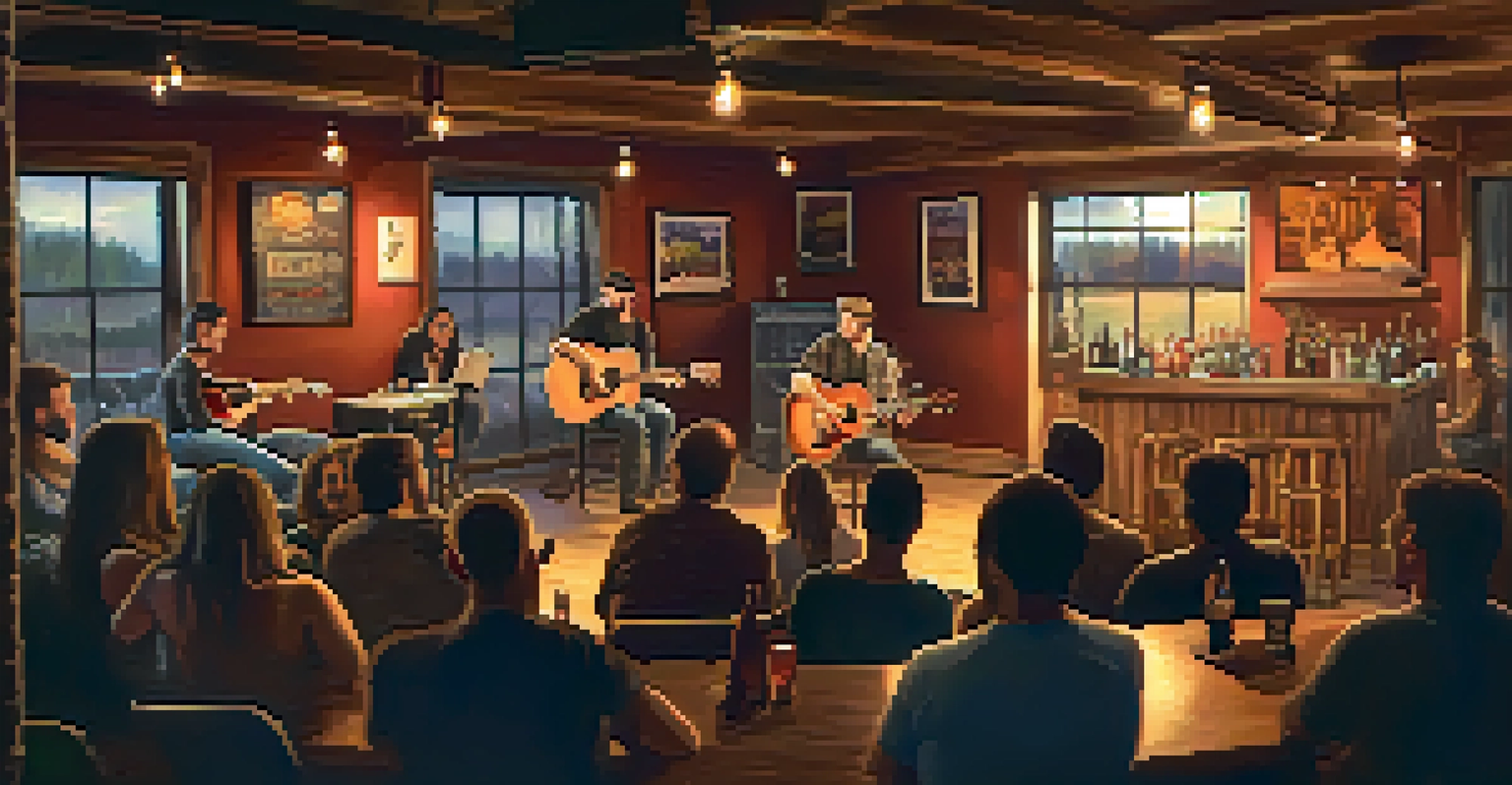 A cozy live music performance at Jack Rabbits with a local band playing on stage and an engaged audience.