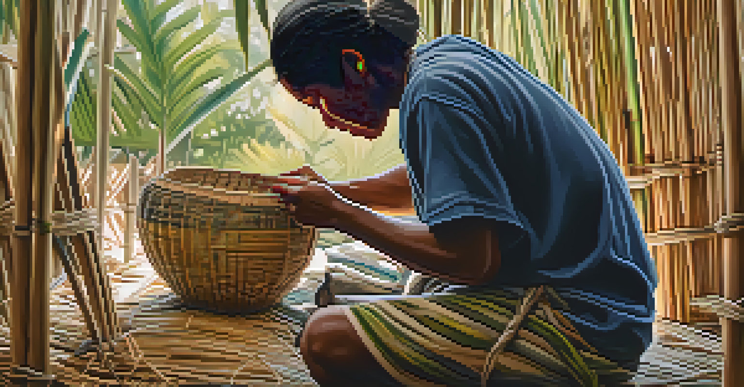 A close-up of a Timucua artisan weaving a traditional basket, highlighting their hands and the texture of the reeds.
