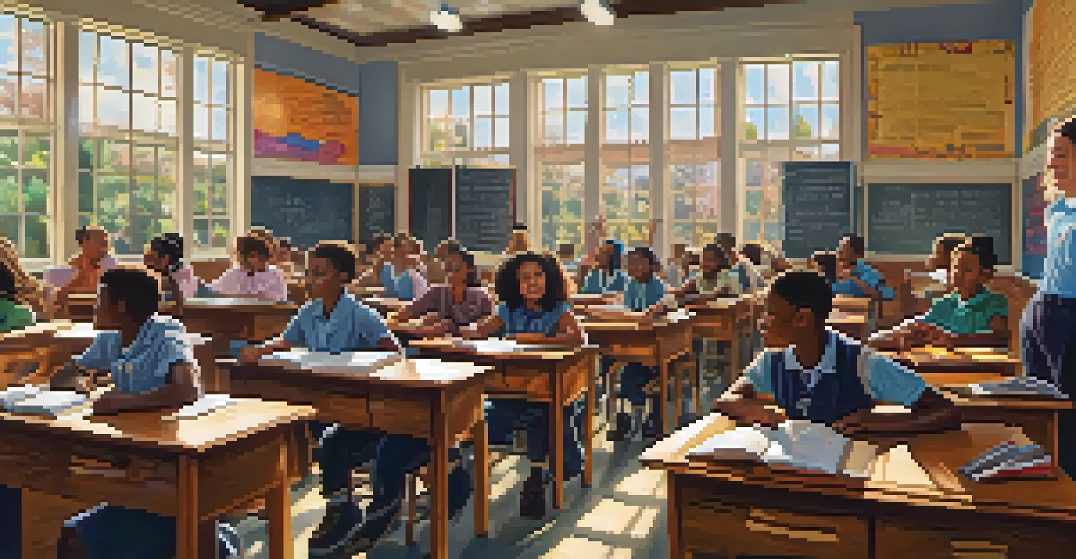 A classroom scene in Jacksonville with students discussing civil rights, surrounded by educational posters and sunlight streaming through windows.