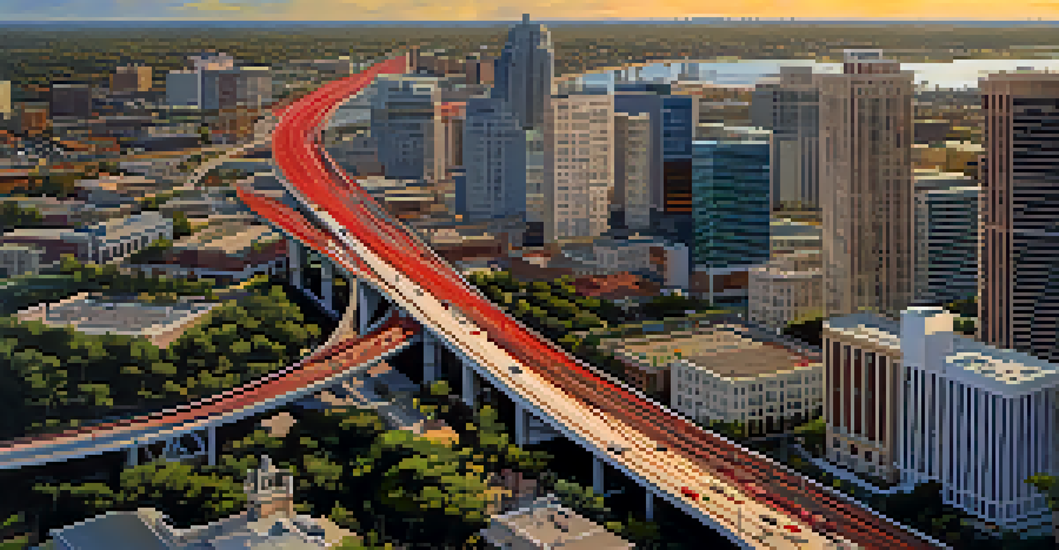 An aerial view of Jacksonville's highways during peak traffic, showing congestion and the city layout under late afternoon light.
