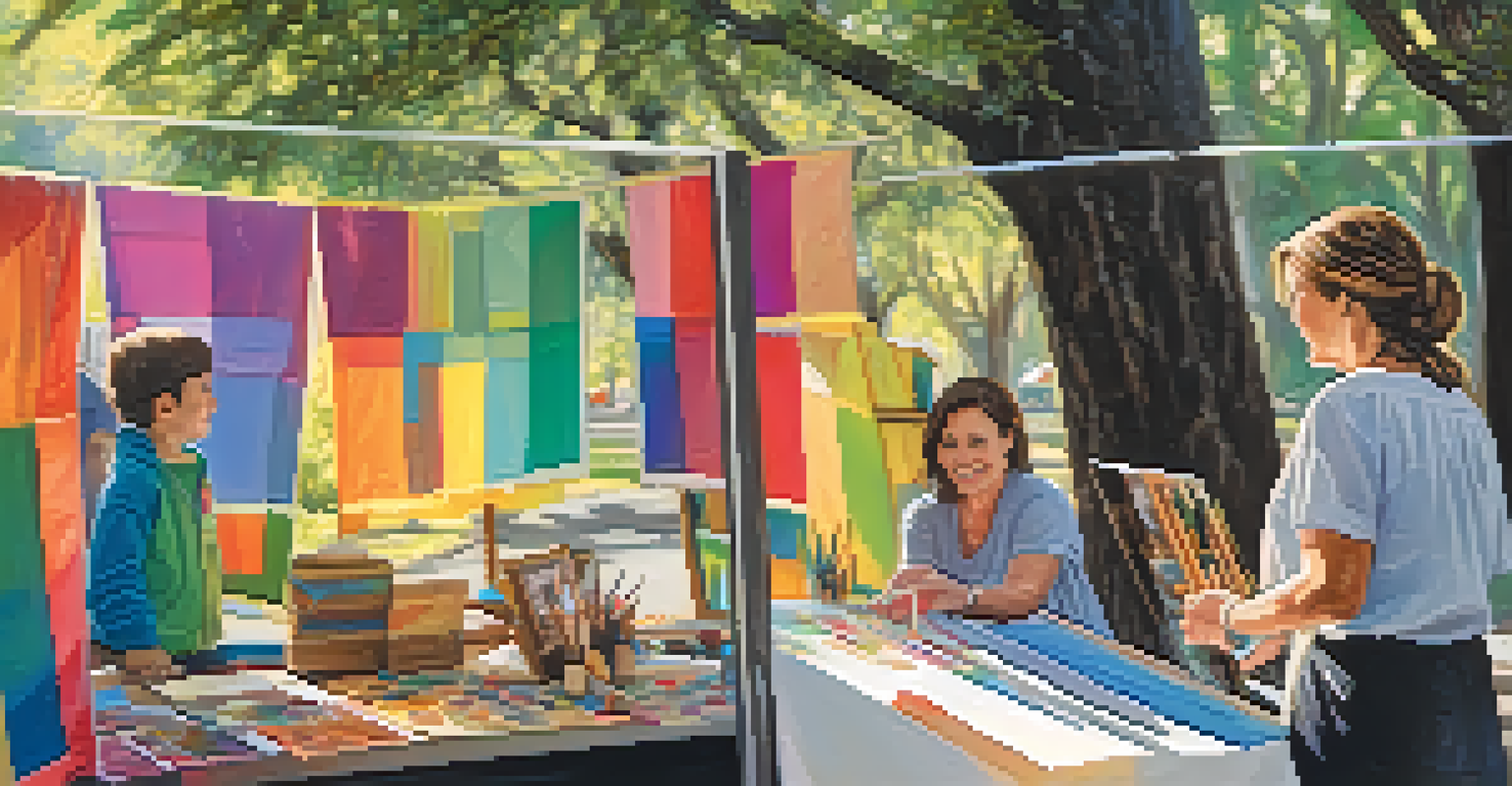 An artist interacting with a child at her booth filled with colorful crafts and paintings in a festival setting.
