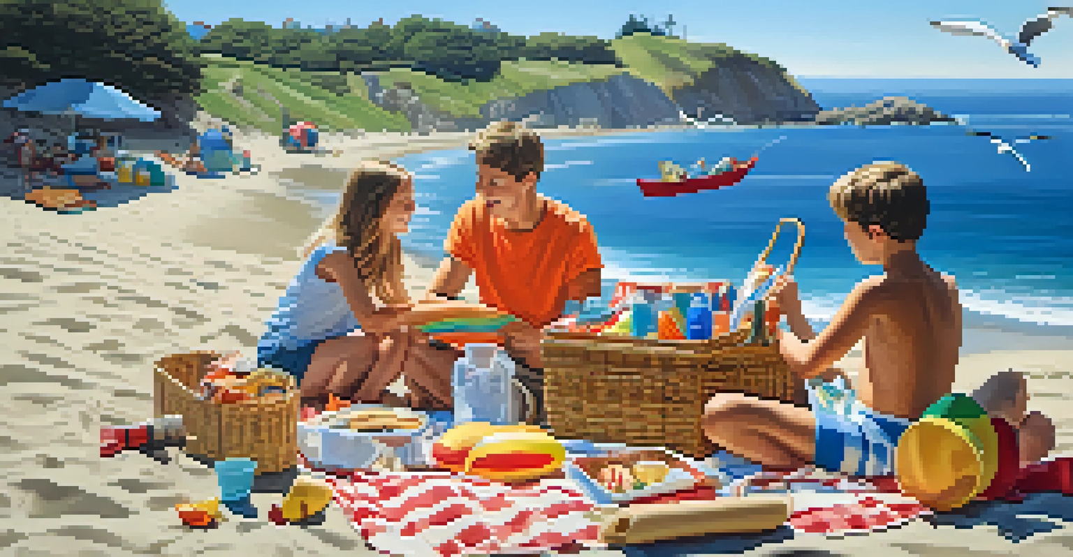 A close-up of a family having a picnic on the beach with toys and a cooler, enjoying the sunny day and ocean view.