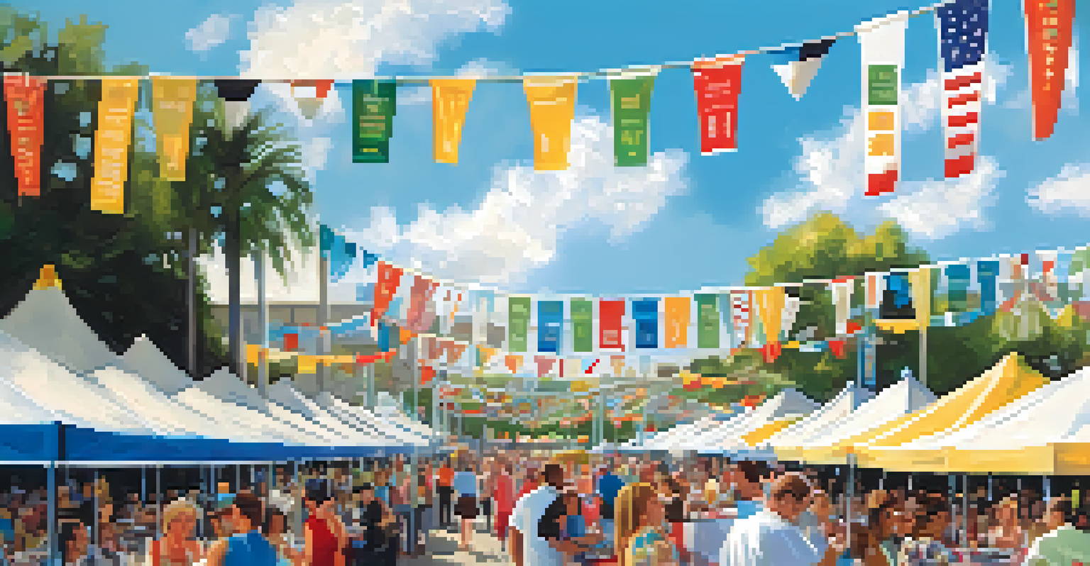 A vibrant food festival scene with attendees sampling diverse dishes, colorful booths, and live music.