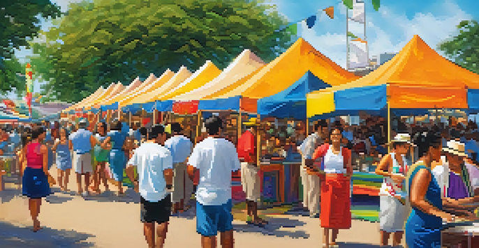 A lively festival scene in Jacksonville with diverse people enjoying traditional dances and music, colorful tents, and tables filled with delicious Hispanic food.
