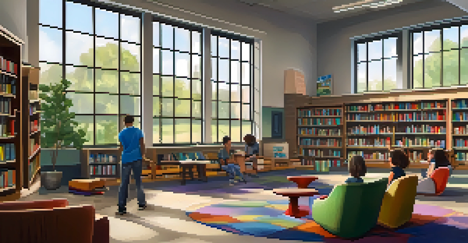 A library scene with students reading and studying, featuring bookshelves, comfortable seating, and warm sunlight.