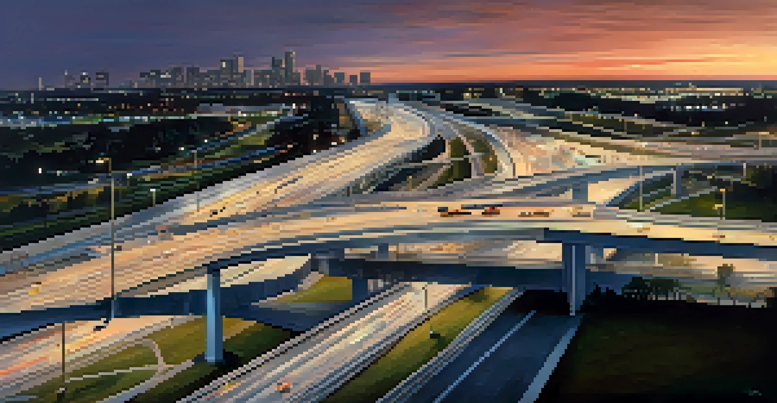 A scenic view of the I-295 interchange with smooth traffic and construction workers at sunset.