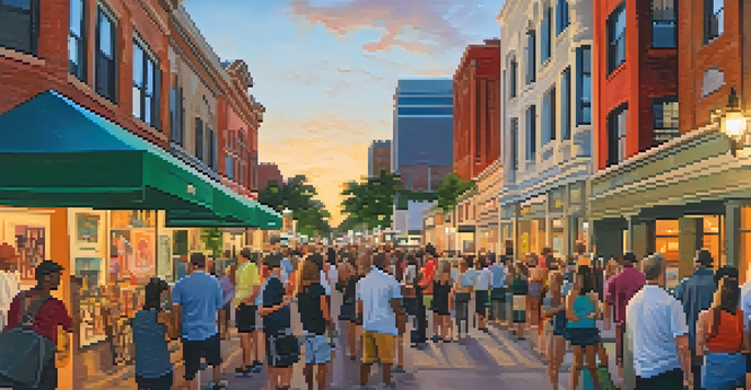 A lively street scene with local artists displaying their artwork during an art walk, surrounded by colorful murals and a diverse crowd.