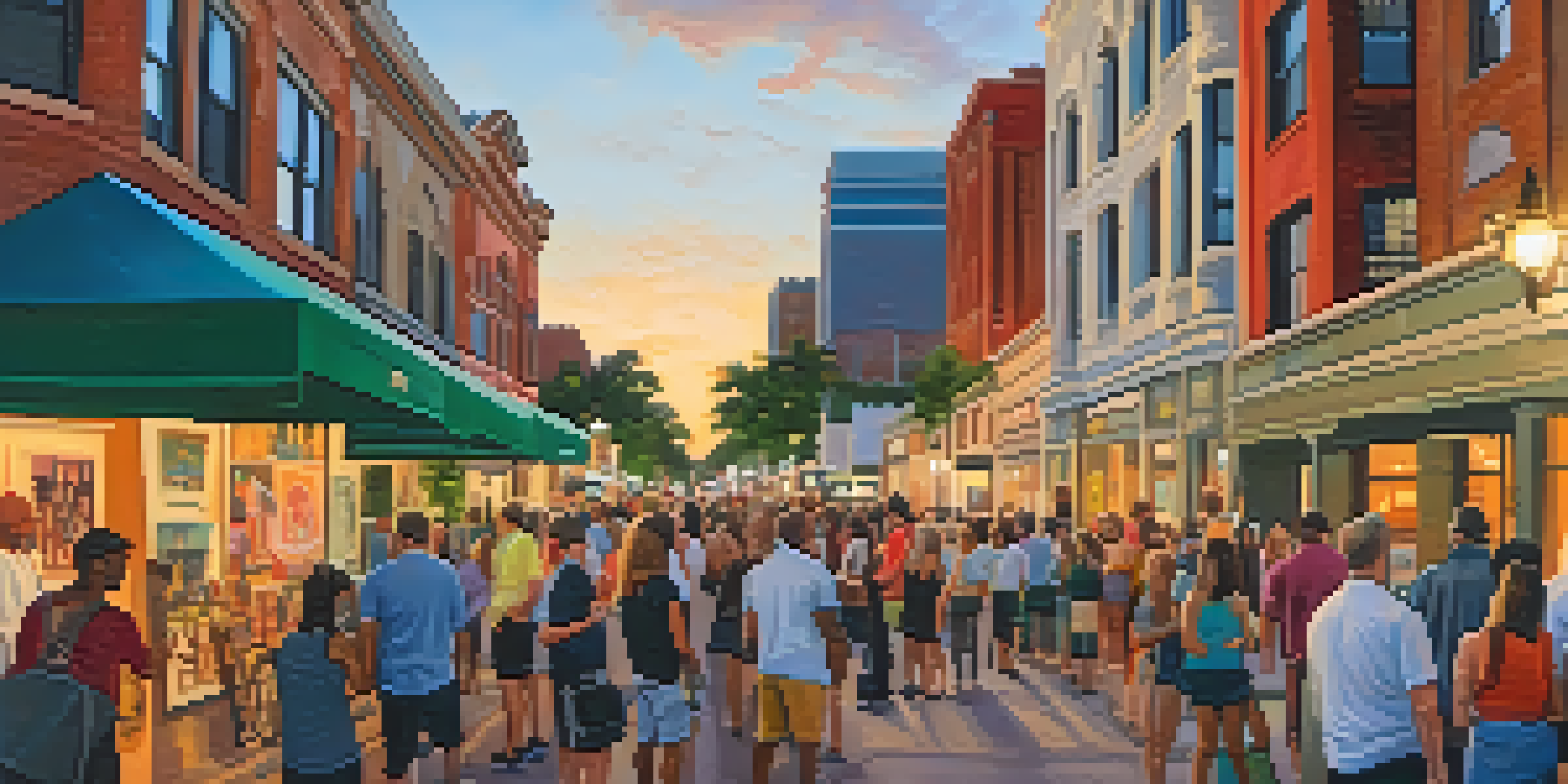 A lively street scene with local artists displaying their artwork during an art walk, surrounded by colorful murals and a diverse crowd.