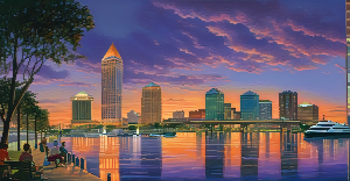 A panoramic view of Downtown Jacksonville during sunset with colorful skies and a vibrant riverside park.