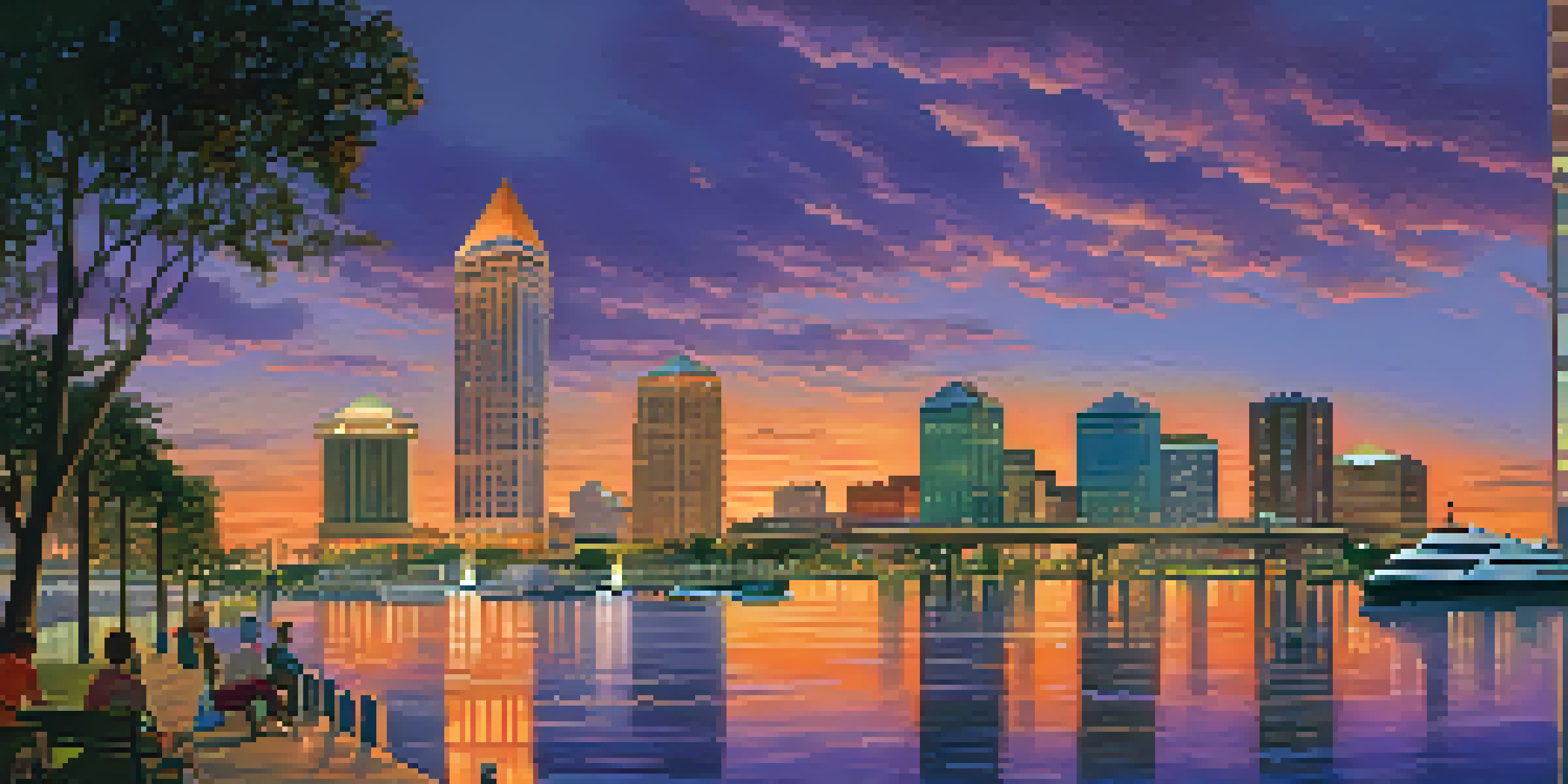A panoramic view of Downtown Jacksonville during sunset with colorful skies and a vibrant riverside park.