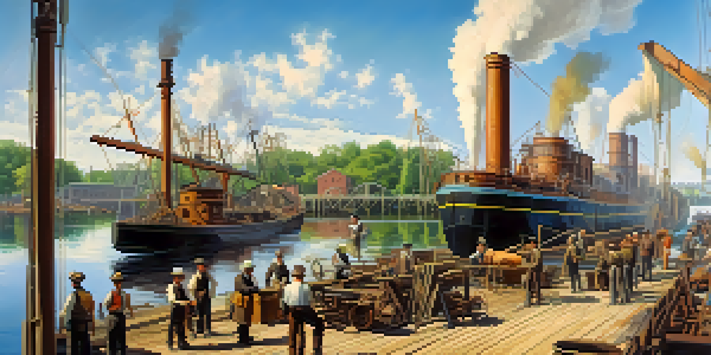 A historical shipyard scene in Jacksonville with workers building steam-powered ships by the St. Johns River, surrounded by trees and machinery.