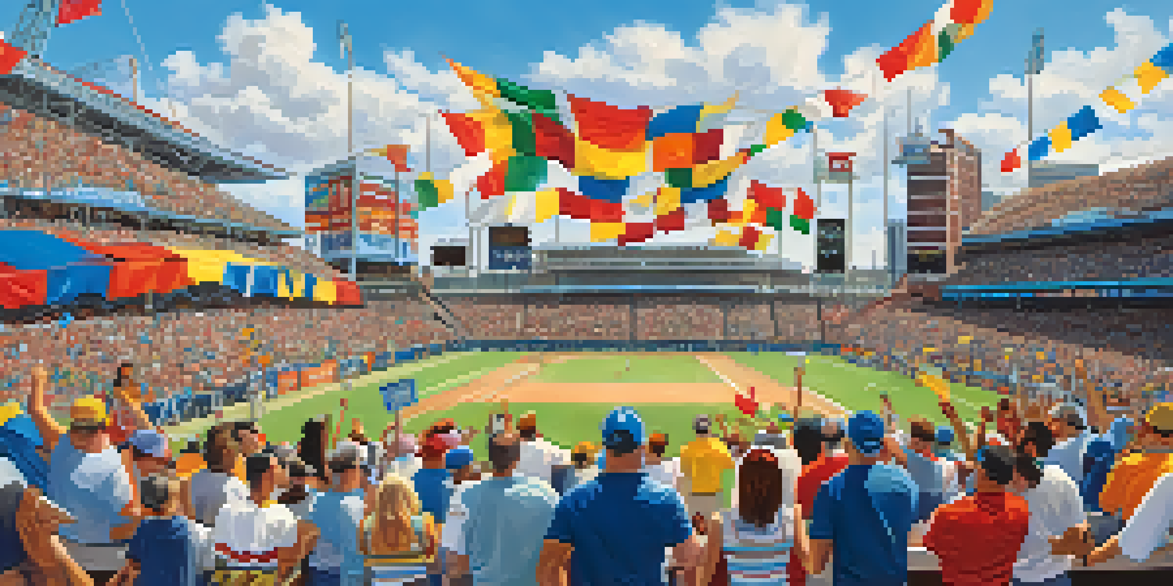 A lively sports event in Jacksonville with enthusiastic fans wearing team colors and holding signs, colorful banners visible in the background.