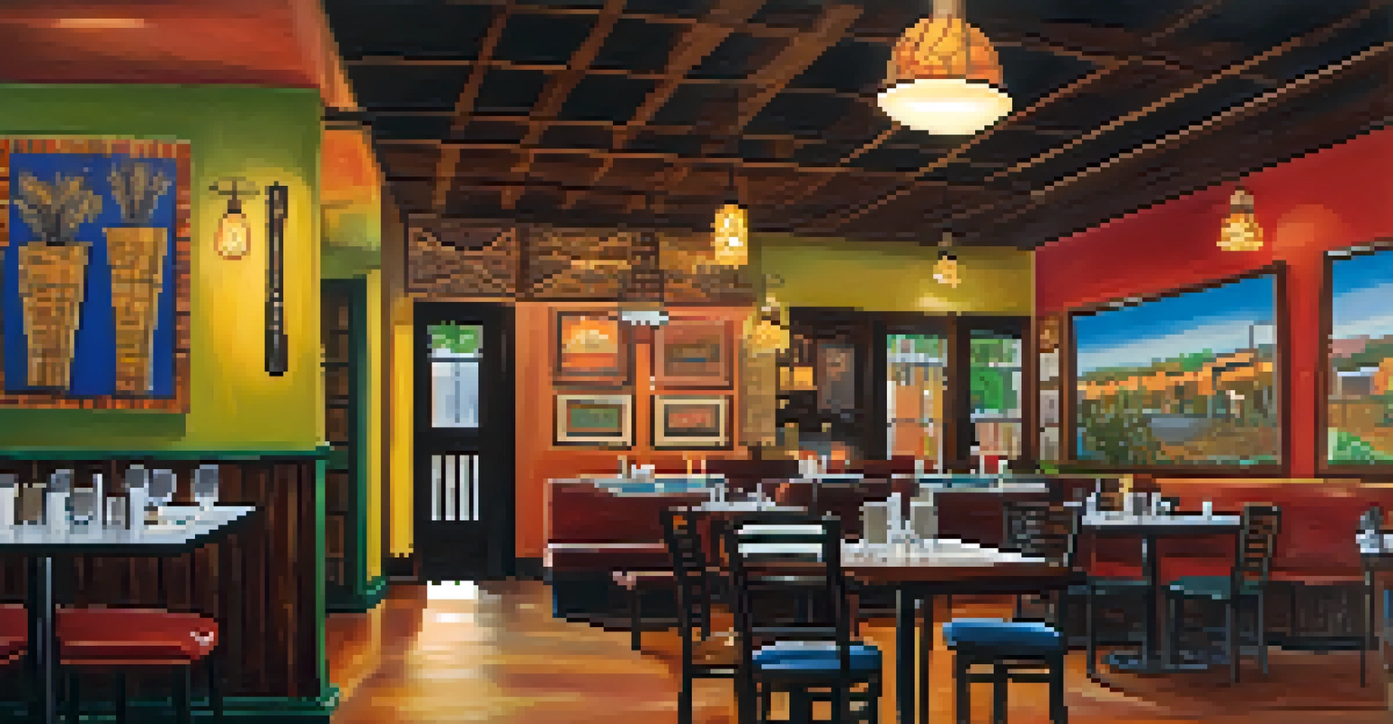 A cozy interior of an African and Caribbean restaurant in Jacksonville, showcasing dishes like jerk chicken and gumbo, with warm lighting and cultural artwork.