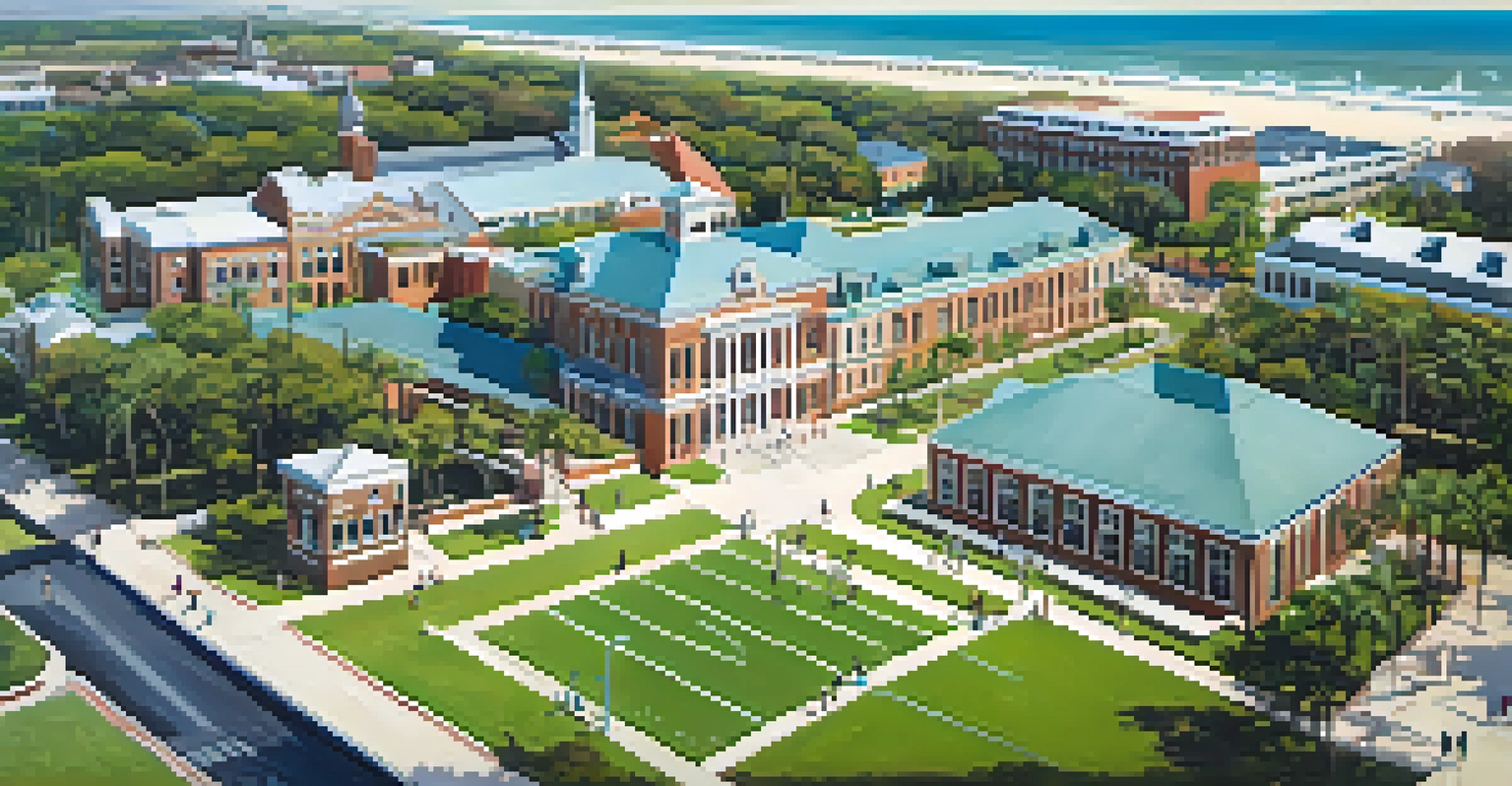 An aerial view of Jacksonville University's campus featuring historic buildings and students outdoors.