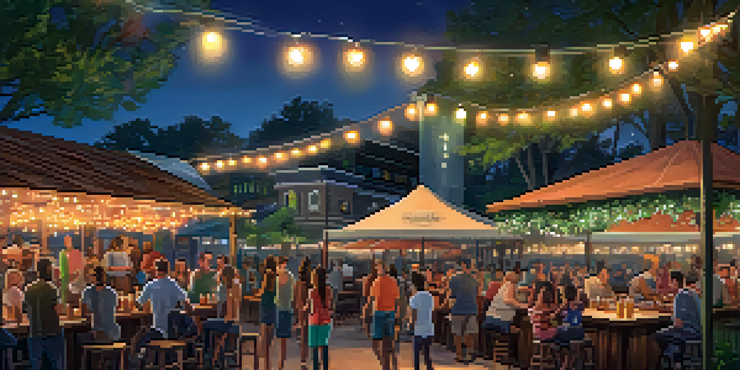 A lively outdoor beer garden in Jacksonville with people socializing, wooden tables, string lights, and a food truck.
