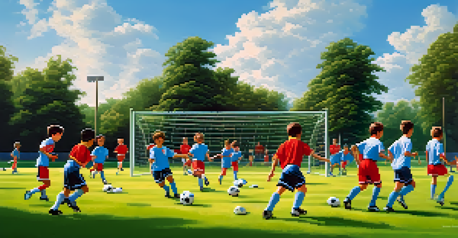 Young soccer players practicing drills on a green field, with trees and a blue sky in the background, showcasing teamwork and determination.