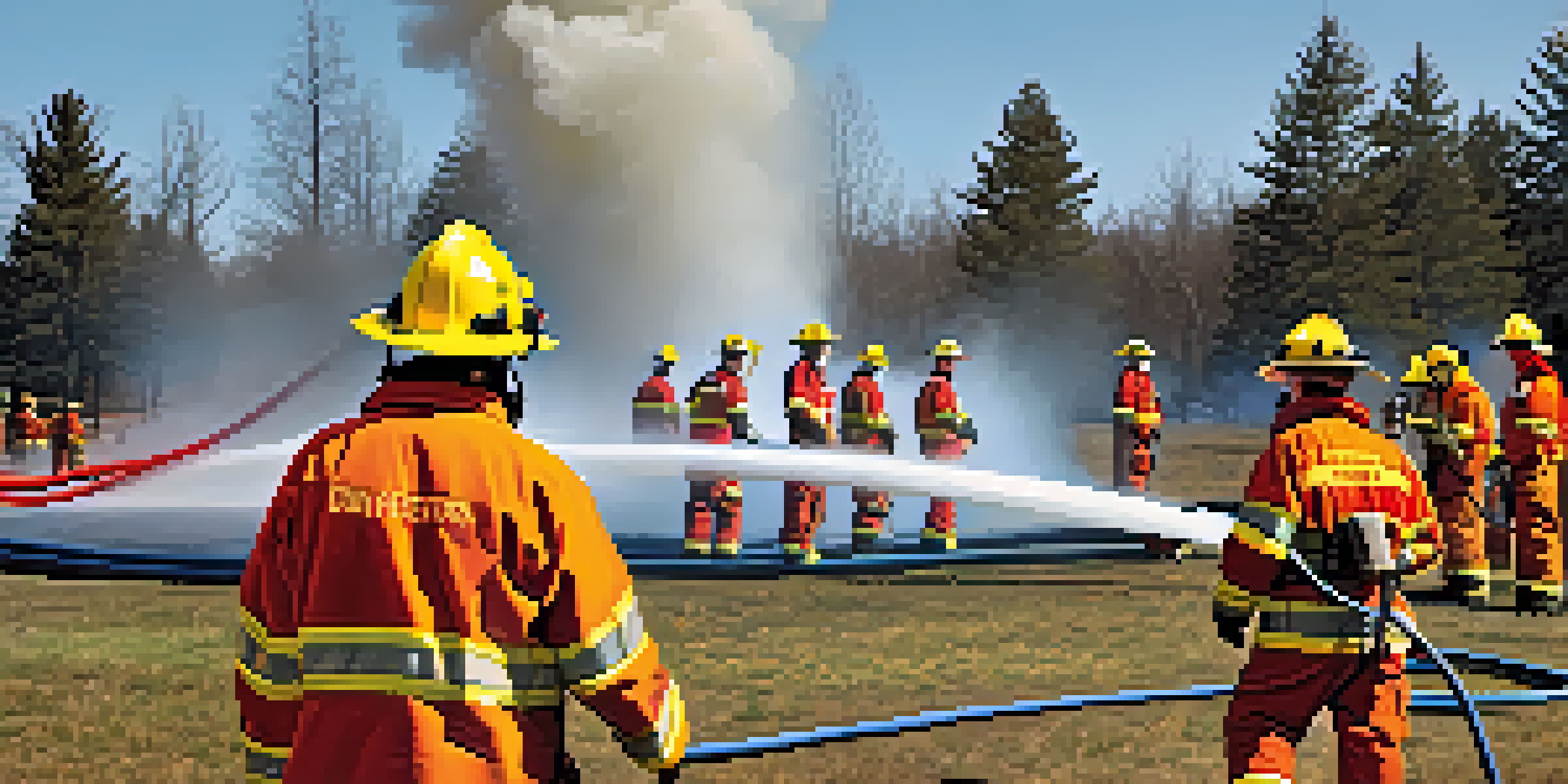 A group of volunteer firefighters practicing firefighting techniques outdoors, using hoses and ladders.