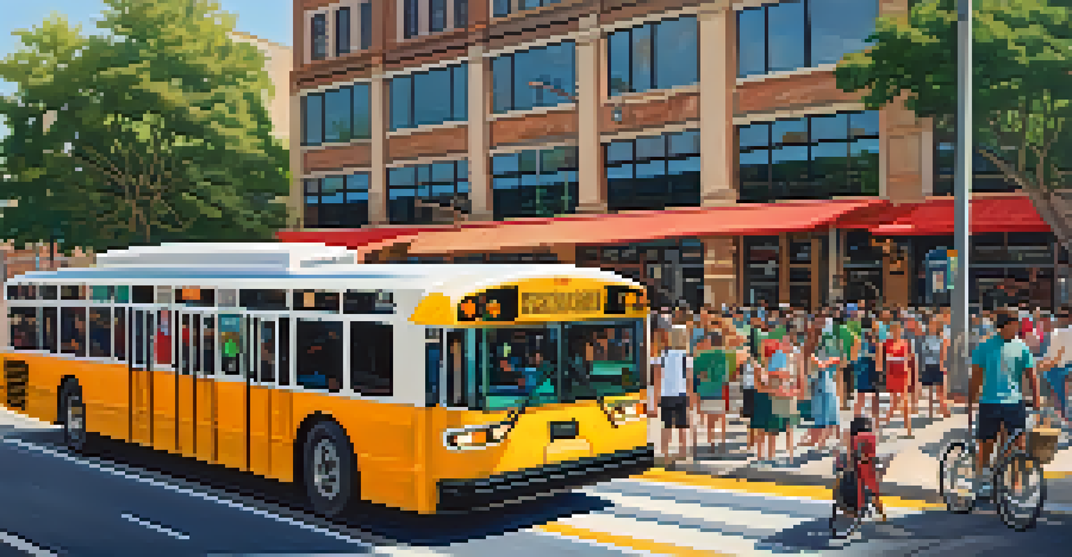 A vibrant public transportation scene in Jacksonville with an electric bus and pedestrians in a sunny environment.