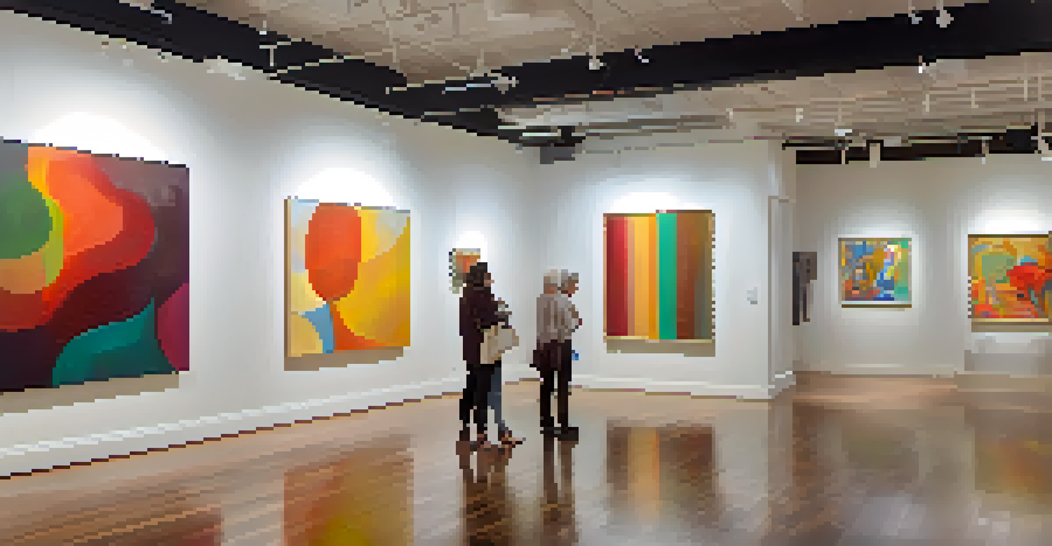 An art gallery in Jacksonville filled with colorful contemporary artworks and visitors engaging in conversation under soft lighting.