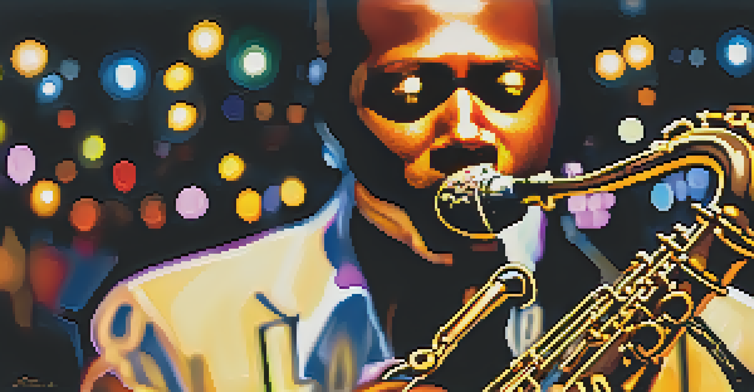 A close-up of a saxophonist passionately performing on stage at the Jacksonville Jazz Festival with colorful lights in the background.