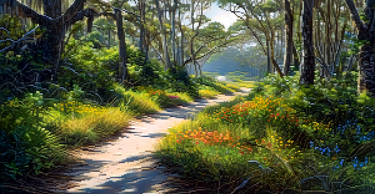 A hiking trail through diverse ecosystems in Timucuan Preserve with sunlight and wildflowers.