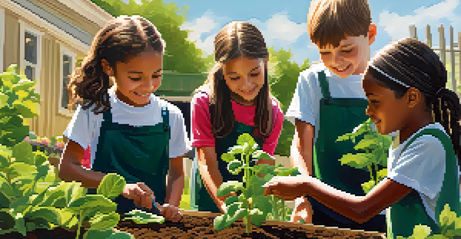 Elementary school students collaborating on a community garden project, planting seeds in a sunlit environment filled with plants and flowers.