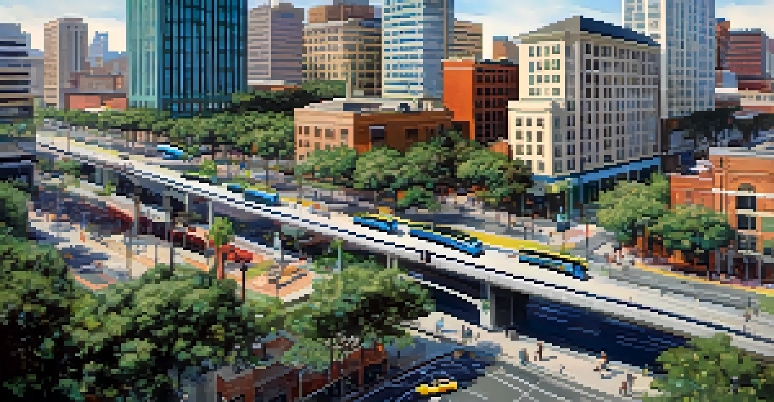 An aerial view of downtown Jacksonville showing bus routes, bike lanes, and pedestrians in a vibrant environment.