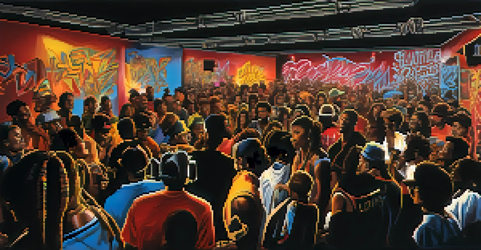 An intimate hip hop showcase in Jacksonville during the 1980s, featuring local artists in a freestyle battle surrounded by vibrant graffiti art.