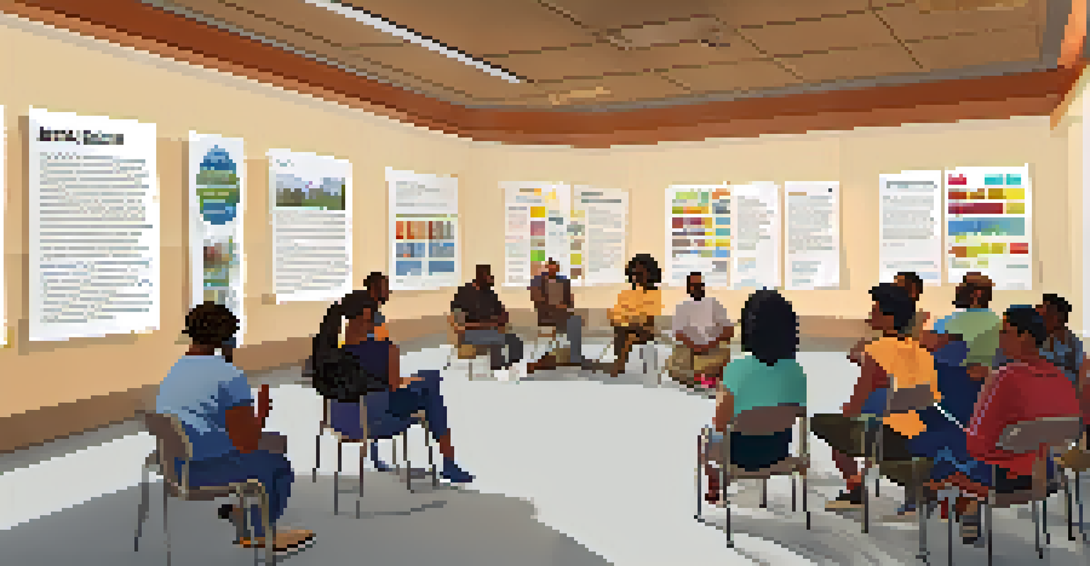 A mental health awareness workshop in a warmly lit community center, with participants in a discussion circle and informative posters on the walls.