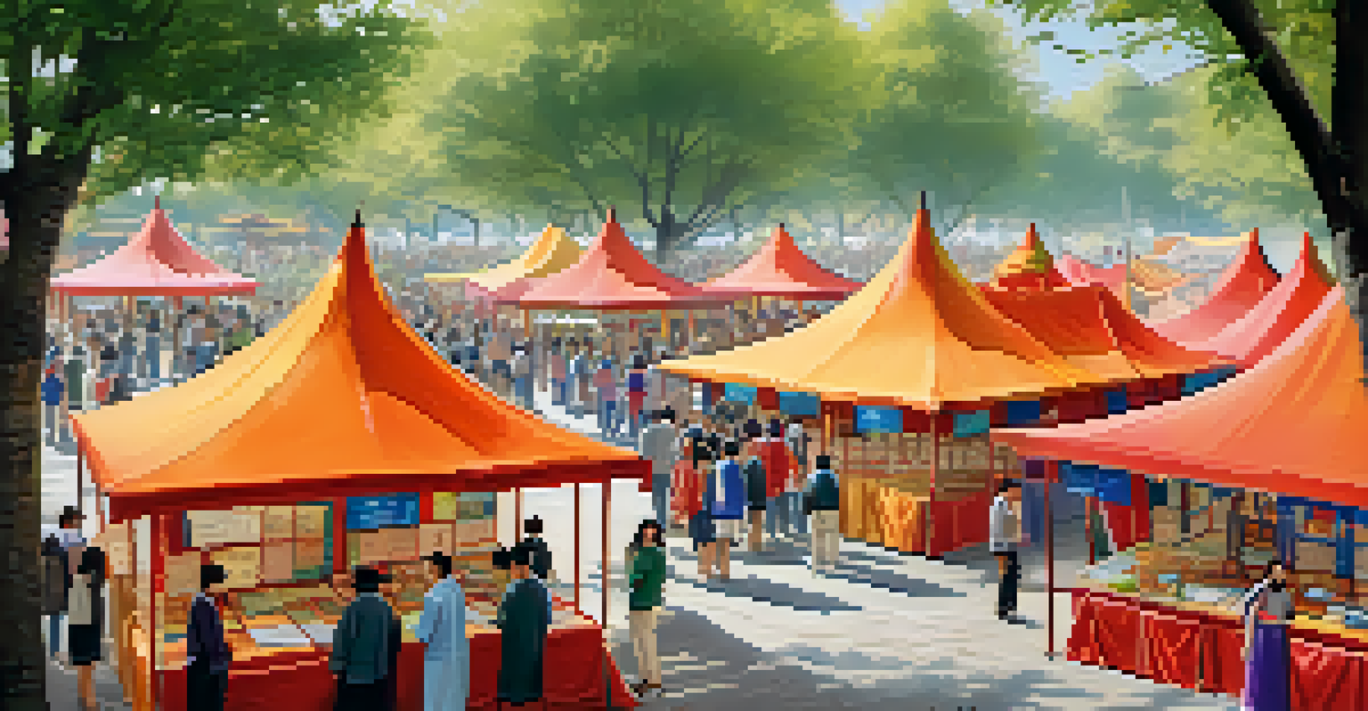 A cultural festival in a park with booths for Mandarin classes, art displays, and calligraphy workshops.