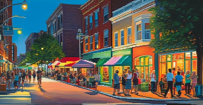 A lively street scene at Jacksonville's Art Walk, featuring colorful art displays and diverse people engaging with artists.