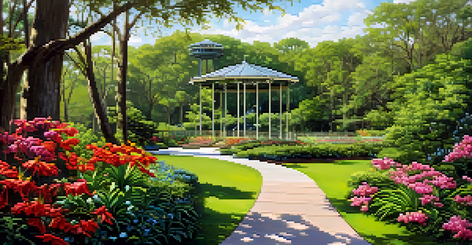 A lush trail in the Jacksonville Arboretum and Gardens, showcasing colorful birds and an observation tower among blooming flowers.