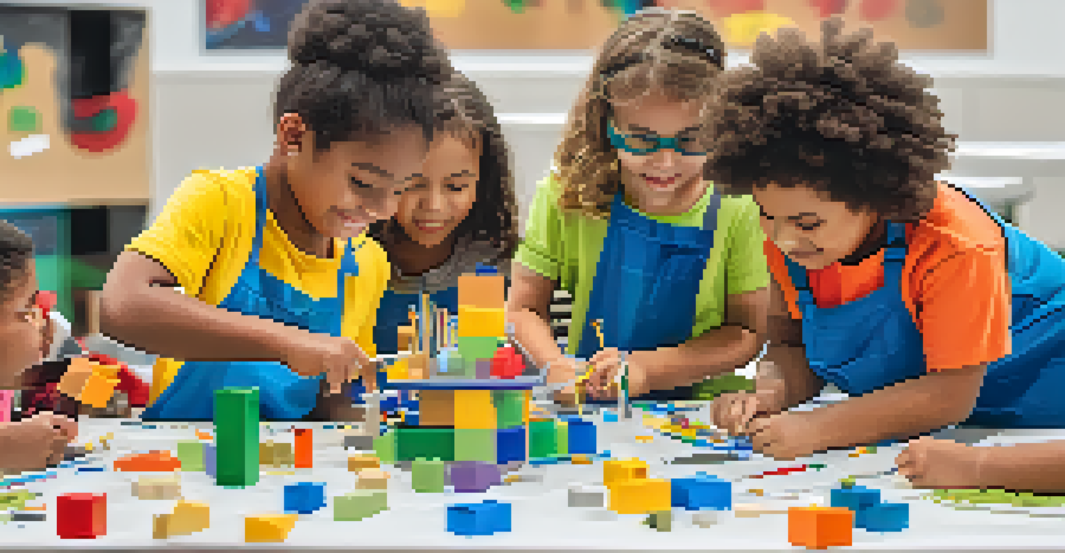 Children participating in a STEM workshop at a library, building simple machines with colorful blocks and engaging in hands-on activities.