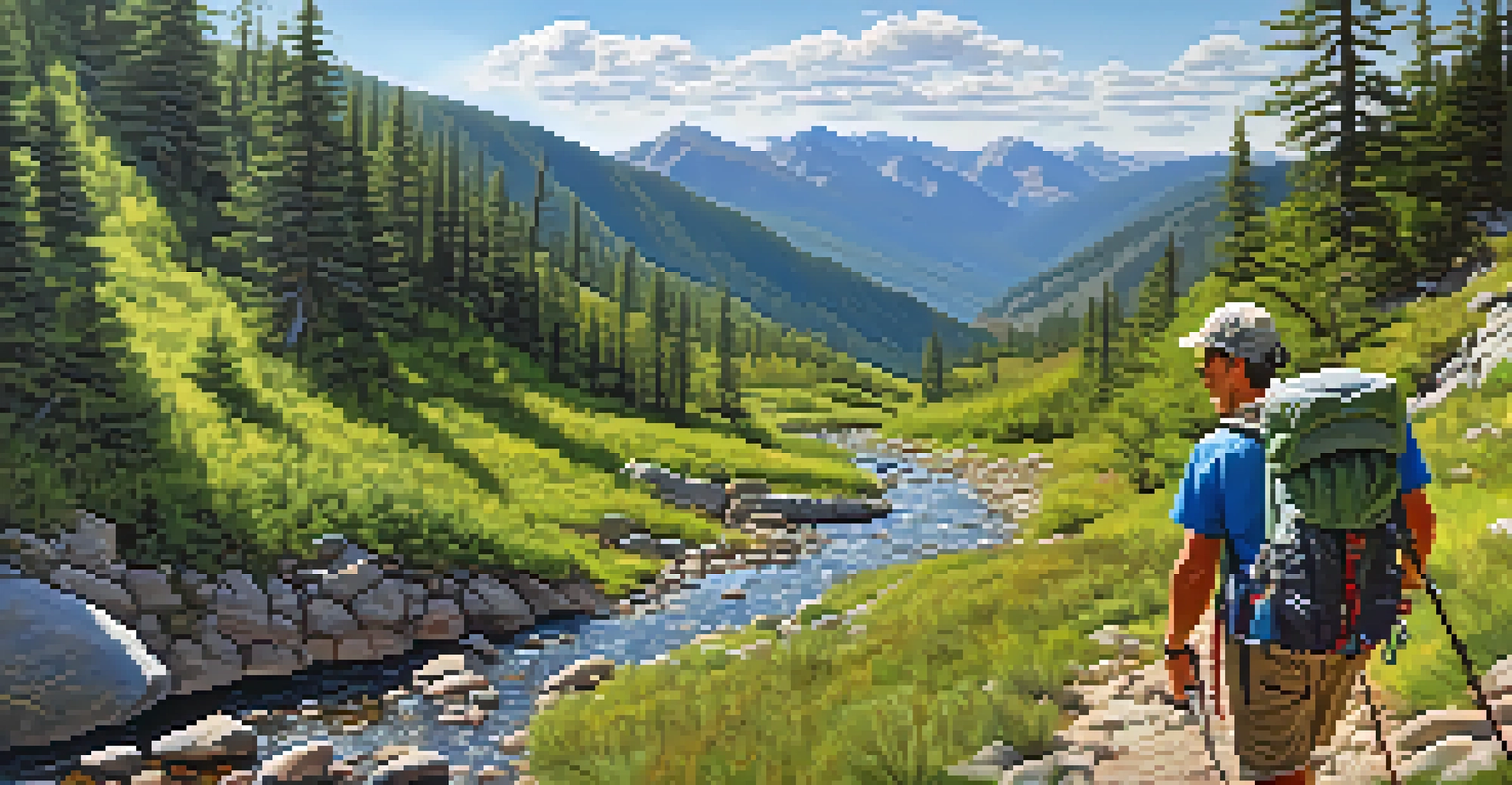 An experienced hiker on a rugged trail with steep slopes, carrying a backpack and trekking poles, with a creek view in the background.