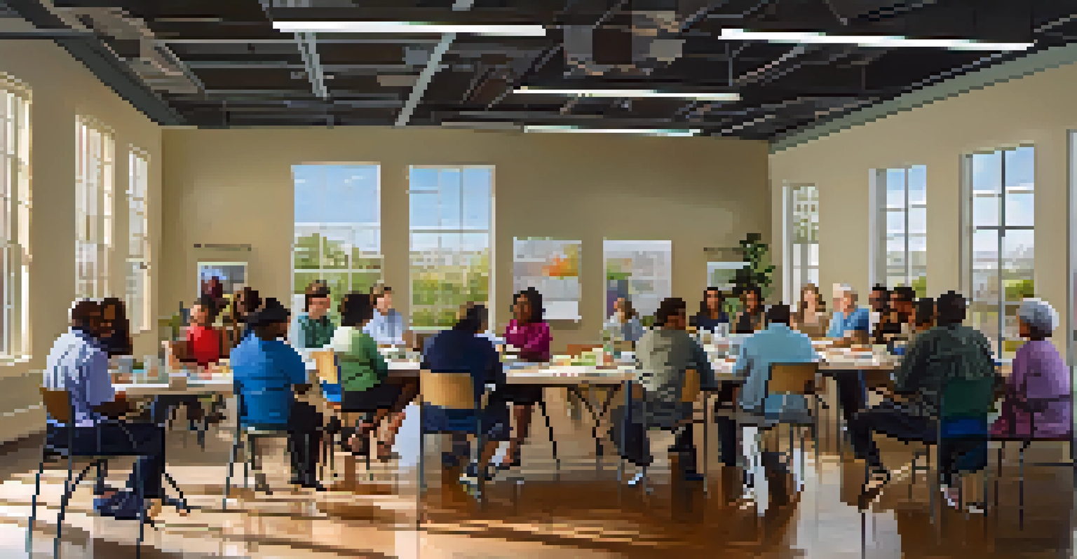 Residents of Jacksonville participating in a community workshop about career development, collaborating around a table with resources and laptops.