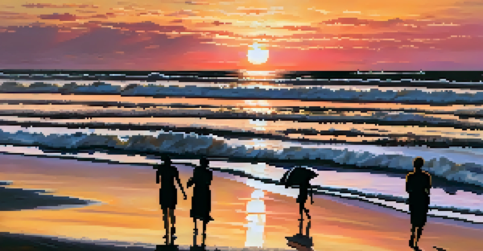 Silhouetted figures walking along the sandy shore of Jacksonville Beach during a vibrant sunset with golden and pink skies.