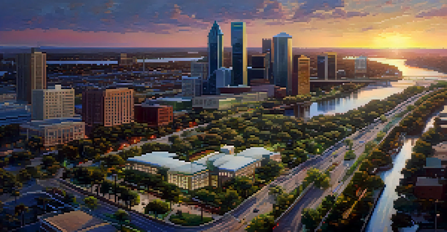 Aerial view of Jacksonville, showing urban development with green spaces, bike lanes, and electric vehicles at sunset.