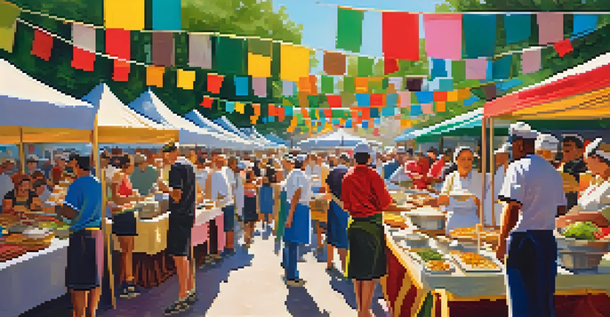 An outdoor food festival in Jacksonville with various food stalls and a diverse crowd enjoying different cuisines.