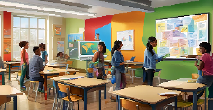 A bright classroom with students using interactive technology and collaborating on a project, surrounded by educational materials and natural light.